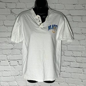 Fruit of the Loom White Polo with Navy and Gold Emblem